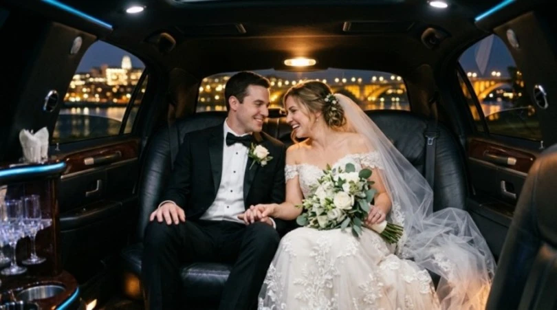 Wedding couple in luxury limousine Washington DC